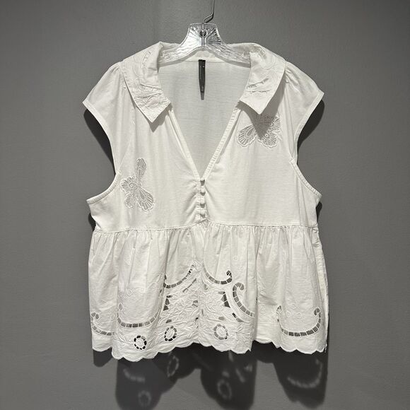 By Anthropologie Cutwork Babydoll Blouse Women's XL White Cotton Butterfly - Picture 3 of 14